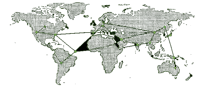 Stylized world network map showing restored systems connected across regions